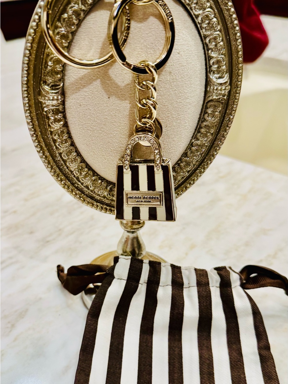 henri bendel Black and White Striped Mini Bag Key FOB with Gold Hardware